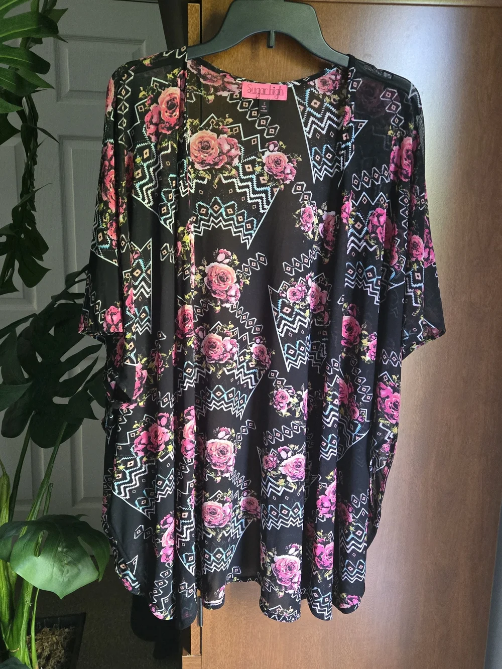Black Floral Open-Front Women’s Blouse Kimono